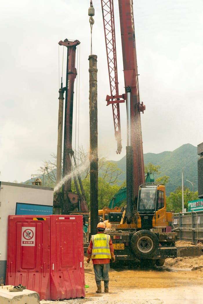 Back view of anonymous man standing near construction crane during working day at construction site